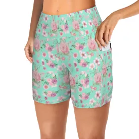 Aqua Floral Yoga Shorts with Pockets up to 5 XL (FWS)