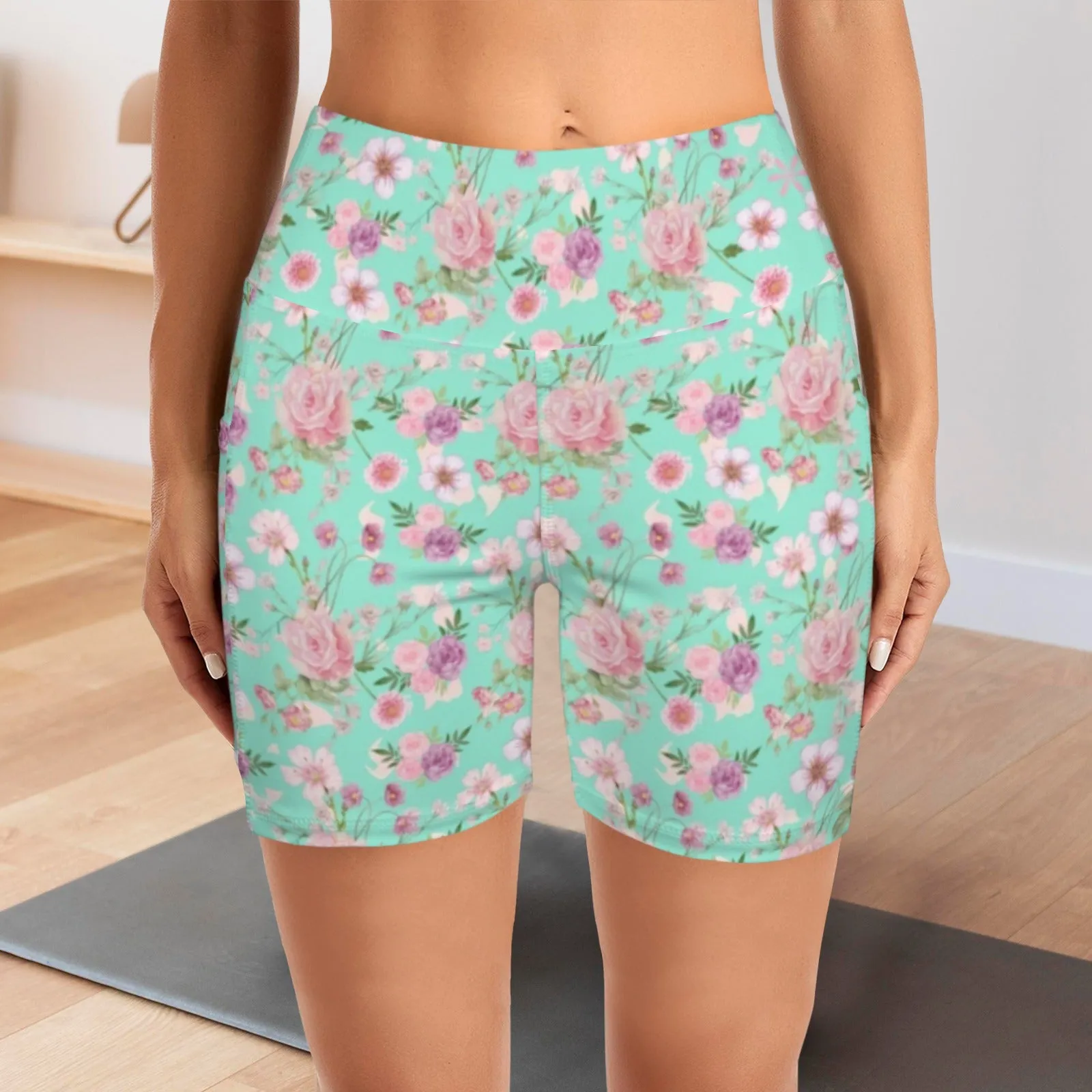 Aqua Floral Yoga Shorts with Pockets up to 5 XL (FWS)