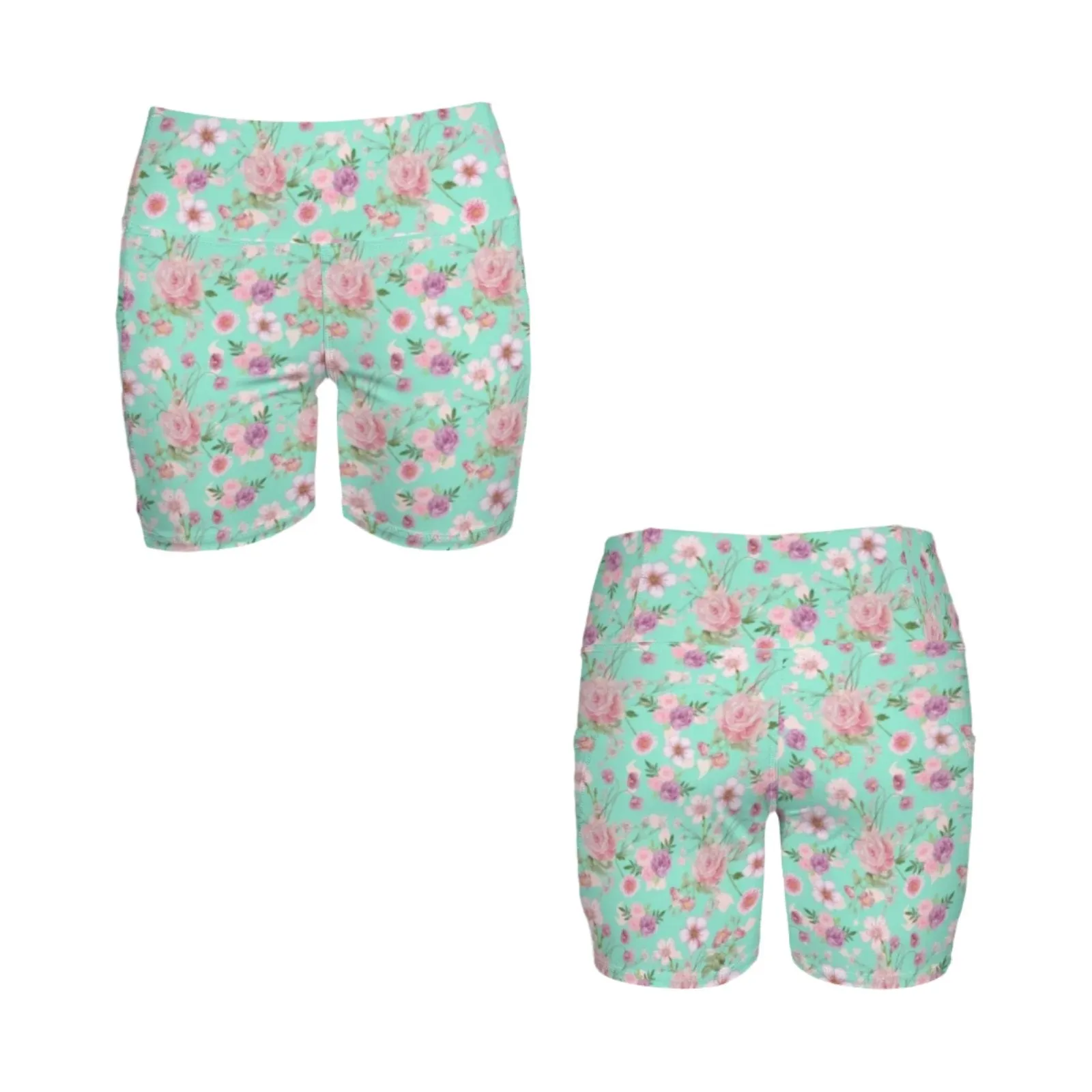 Aqua Floral Yoga Shorts with Pockets up to 5 XL (FWS)