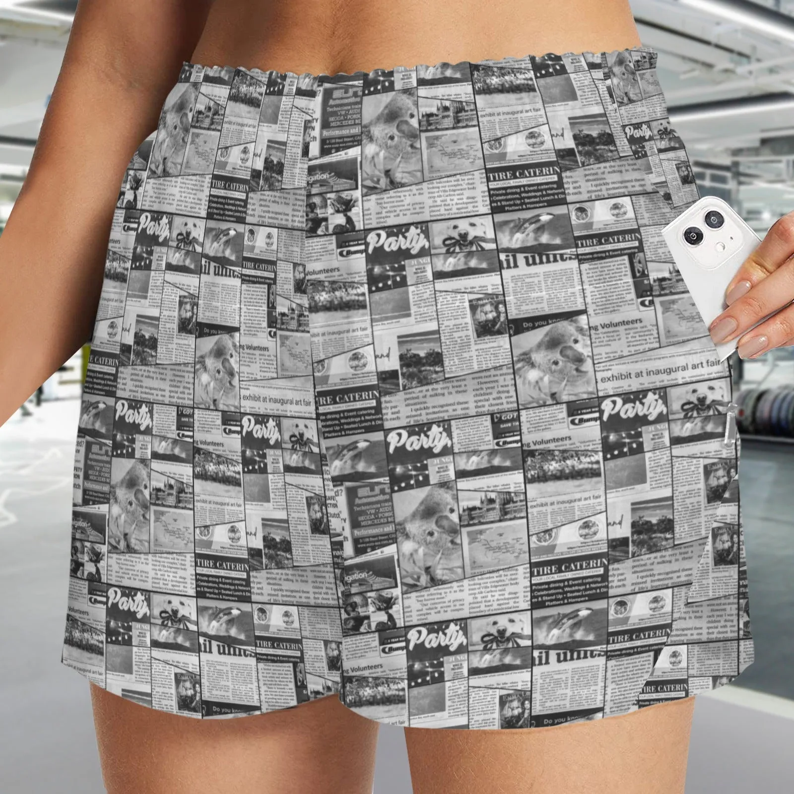 Australian Newspaper B & W Shorts with Zip Pockets up to 5 XL (FWS)