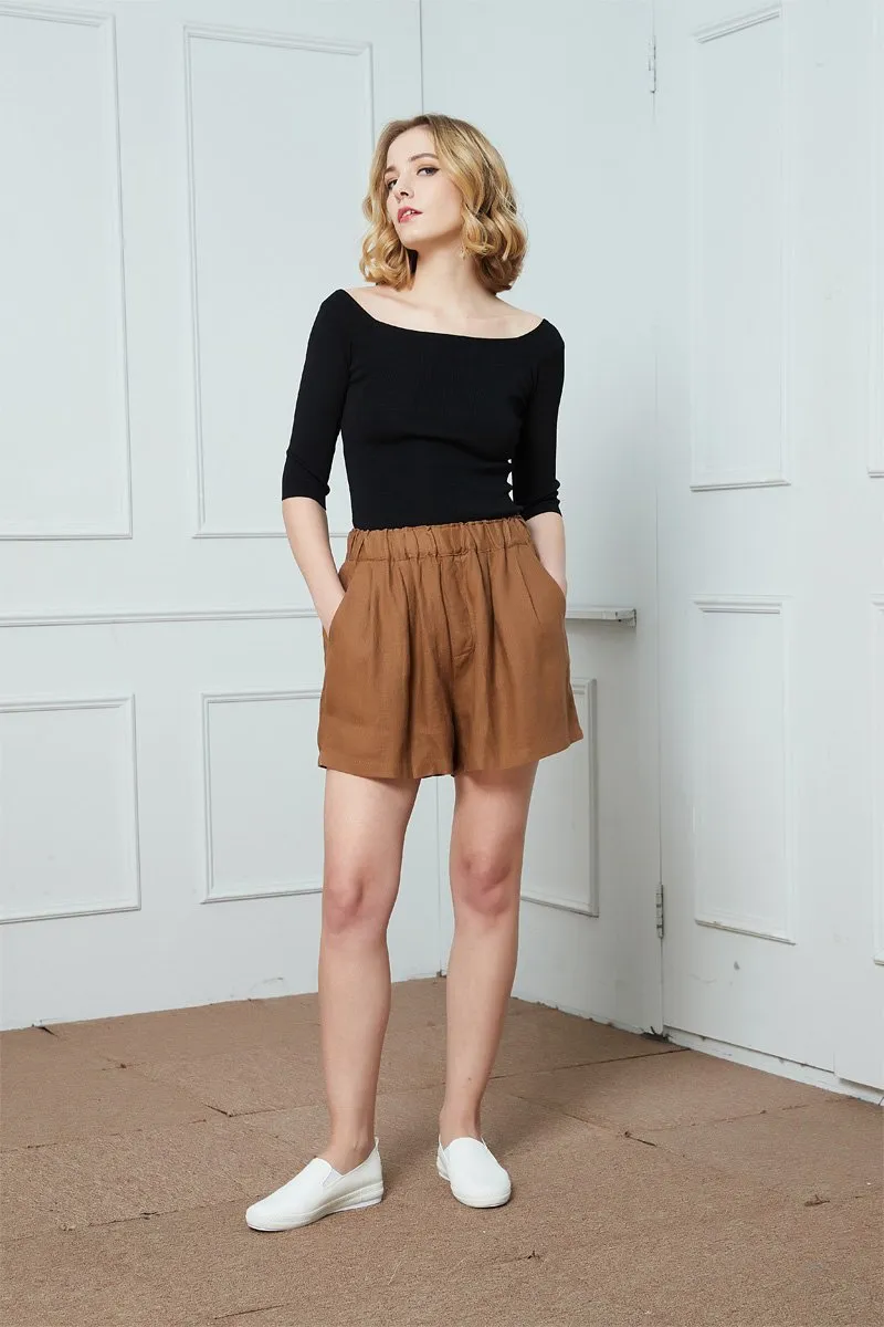 Brown linen short, Linen shorts, Womens linen shorts, Elastic Waist shorts, Summer shorts with side pockets, High waist Linen Shorts C1392