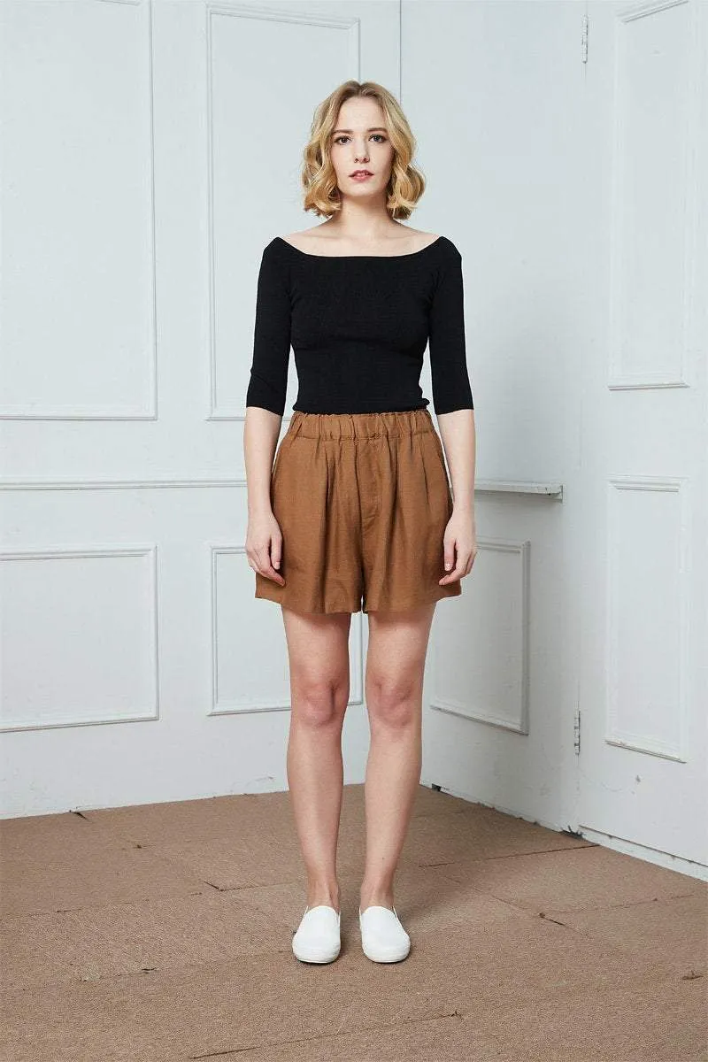 Brown linen short, Linen shorts, Womens linen shorts, Elastic Waist shorts, Summer shorts with side pockets, High waist Linen Shorts C1392