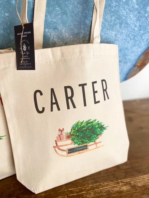 Christmas Tote bag|Personalized Christmas bag|Canvas Tote Bag|Plaid Christmas bag|Holiday Gift Bag|Childs Christmas Bag
