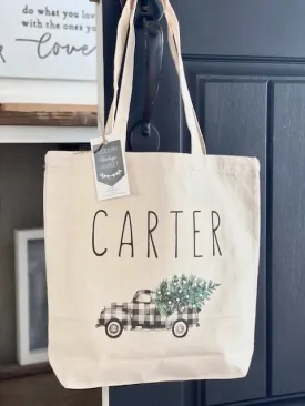 Christmas Tote bag,Personalized Christmas bag,Canvas Tote Bag,Plaid Christmas Truck bag,Holiday Gift Bag,Buffalo Plaid Bag Childs Bag
