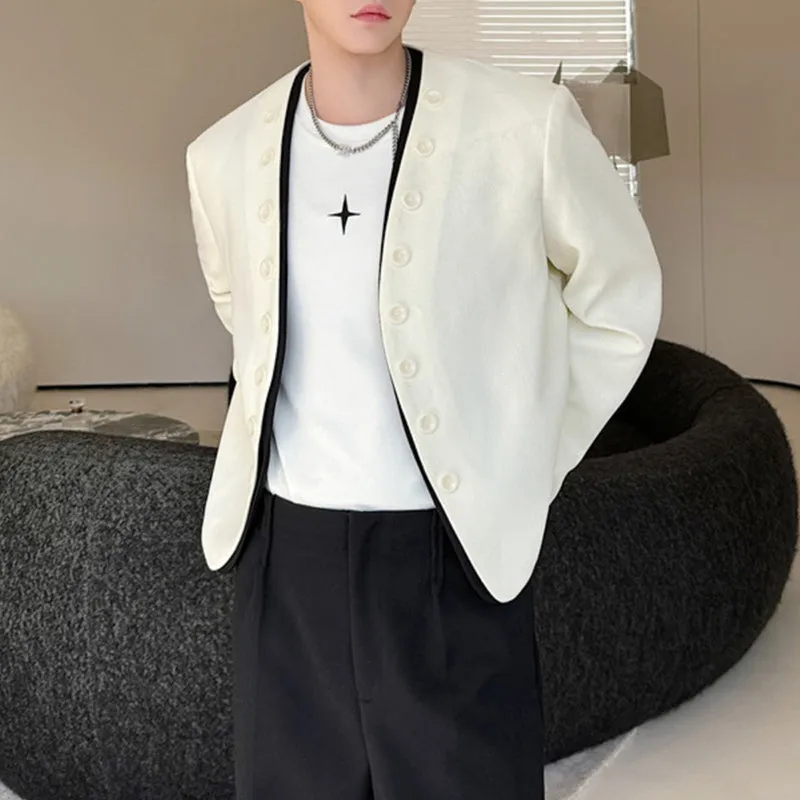 Collarless Colorblock Multi-button Casual Jacket