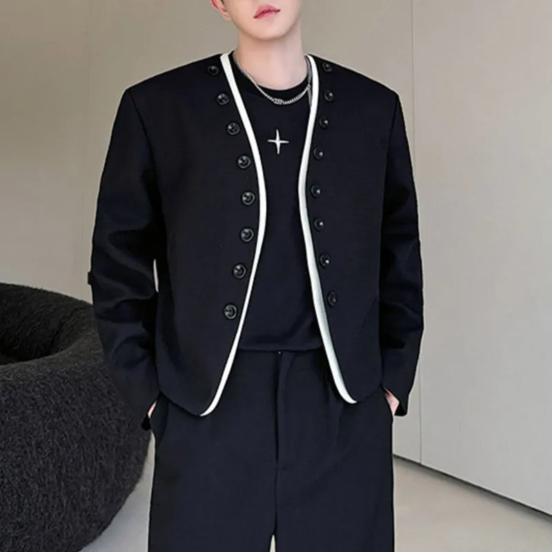 Collarless Colorblock Multi-button Casual Jacket