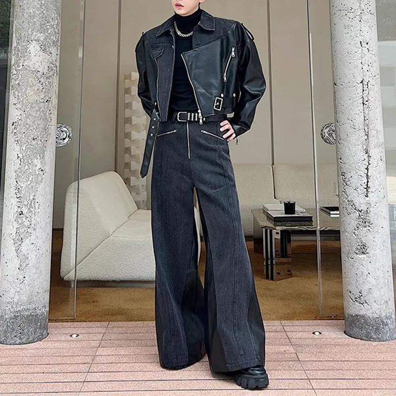 Deconstructed Washed Denim PU Leather Jacket Wide-leg Trousers Two-piece Suit
