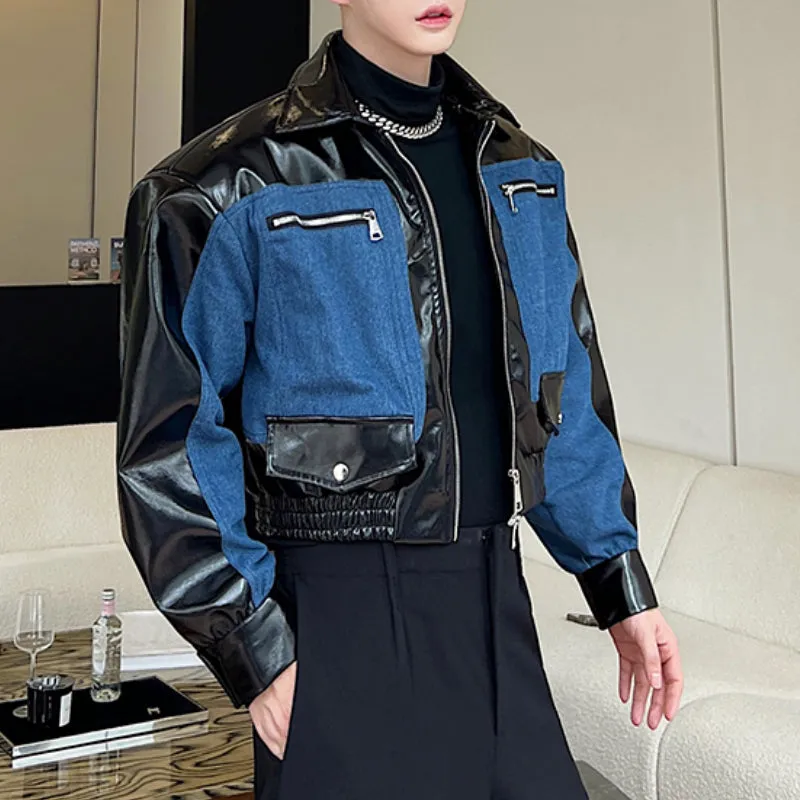 Glossy PU Denim Patchwork Short Jacket
