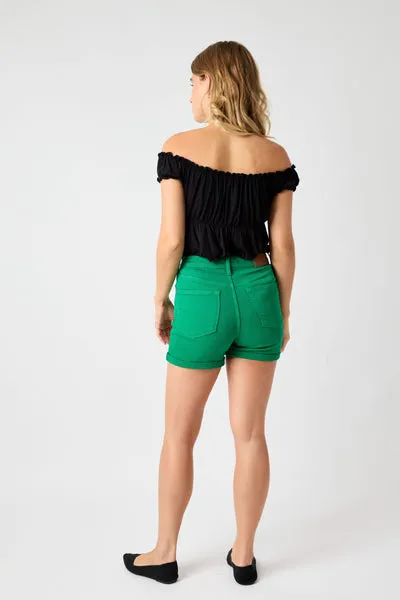 Judy Blue High Waist Tummy Control Garment Dyed Green Denim Cuffed Shorts 150283 (curvy and reg)