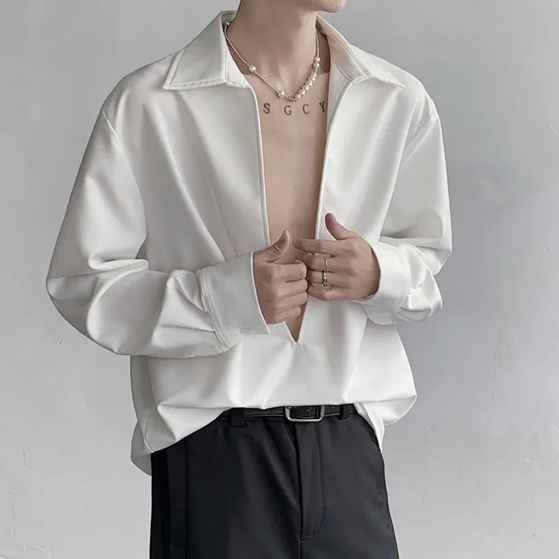 Loose White Deep V-neck Casual Shirt