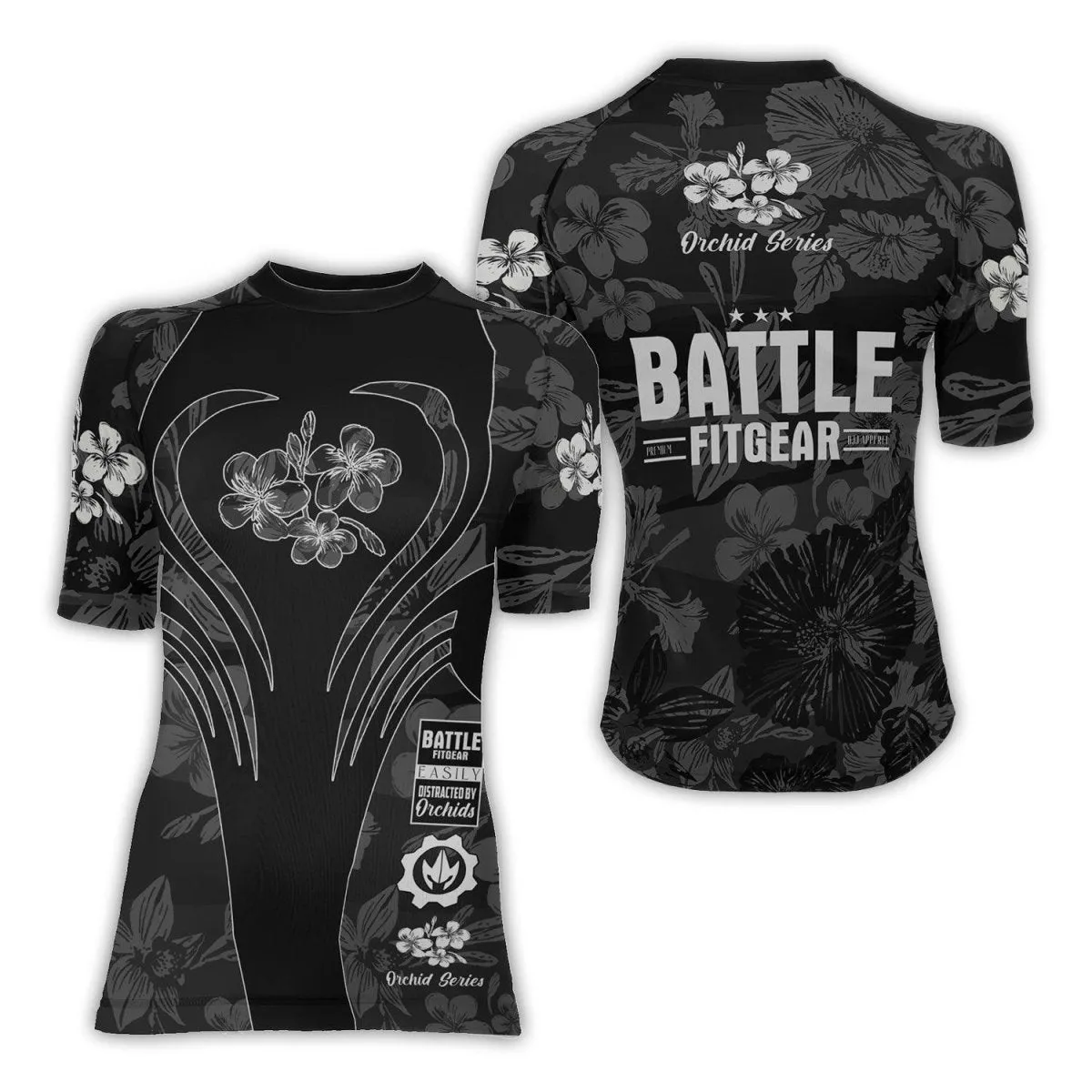 Orchid Series Floral Black Heart Pattern Women's Short Sleeve Rash Guard