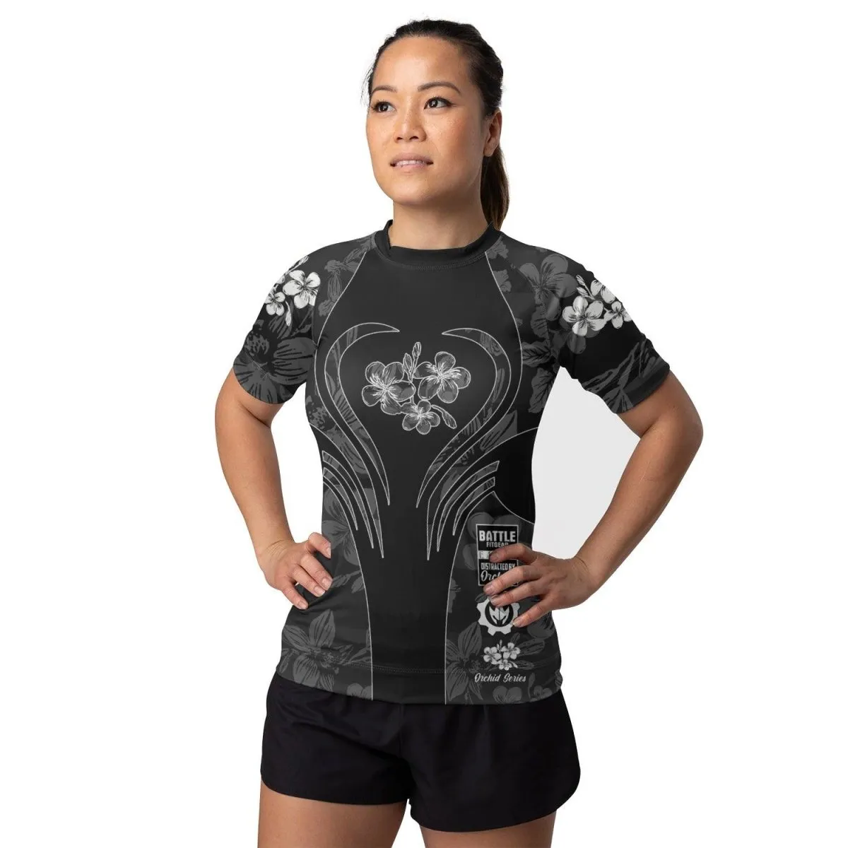 Orchid Series Floral Black Heart Pattern Women's Short Sleeve Rash Guard