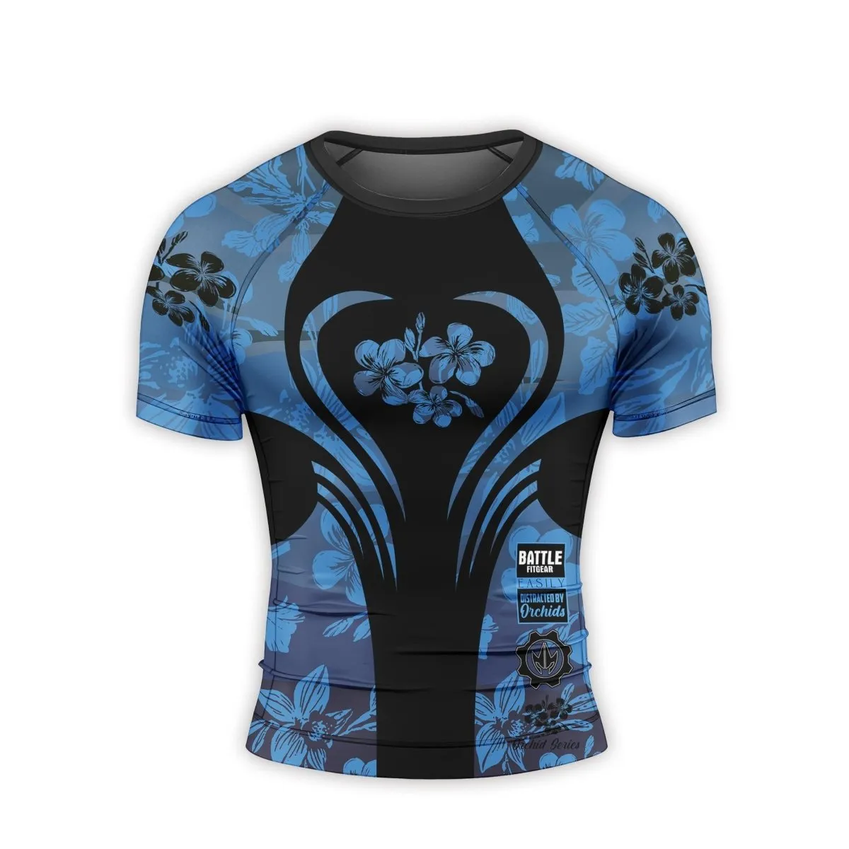 Orchid Series Floral Blue Heart Pattern Men's Short Sleeve Rash Guard