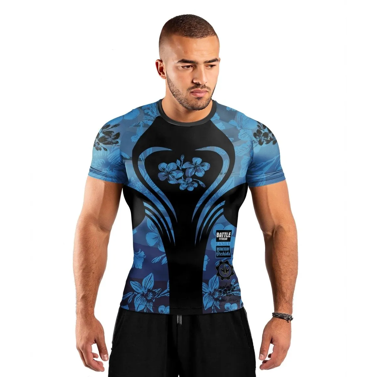 Orchid Series Floral Blue Heart Pattern Men's Short Sleeve Rash Guard