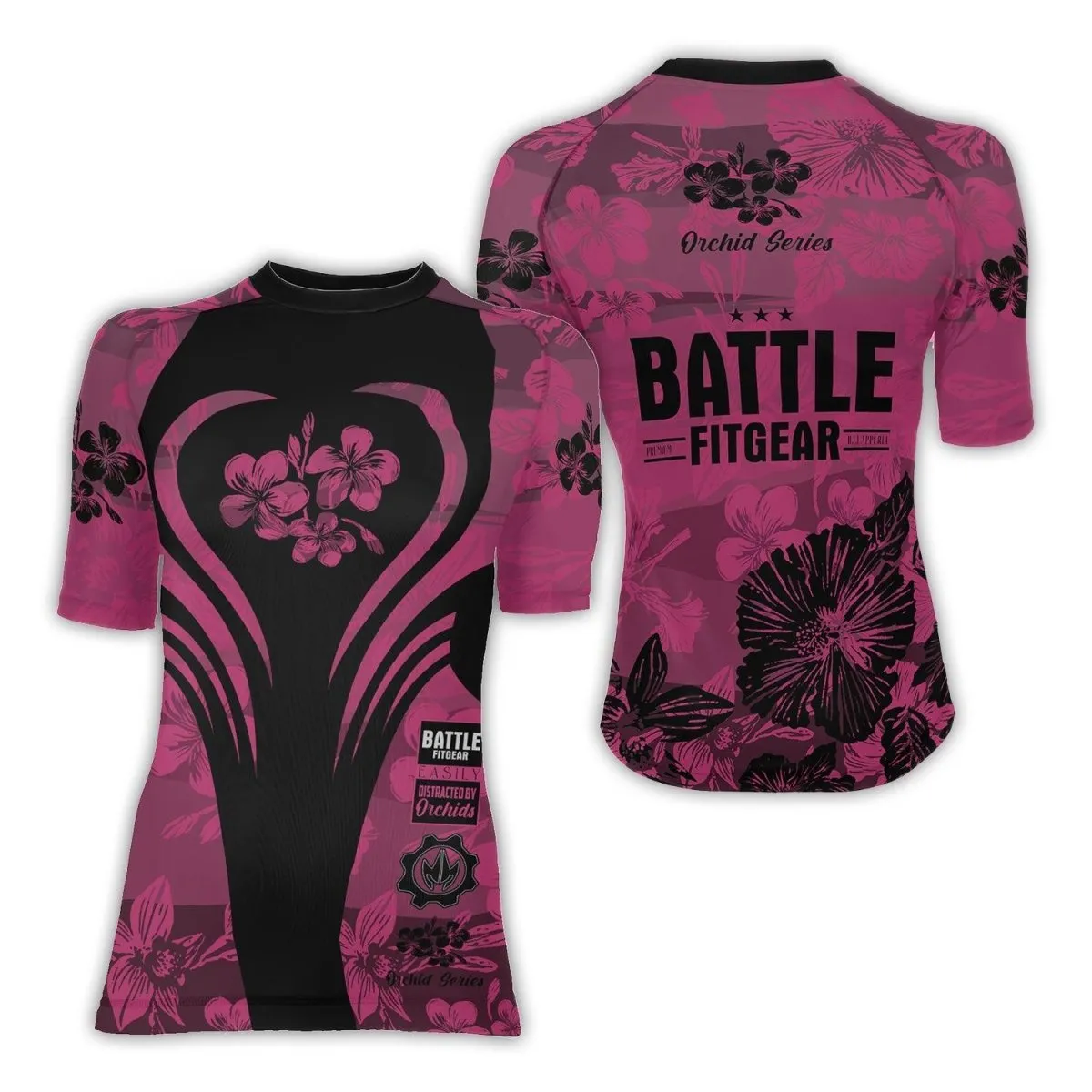Orchid Series Floral Pink Heart Pattern Women's Short Sleeve Rash Guard
