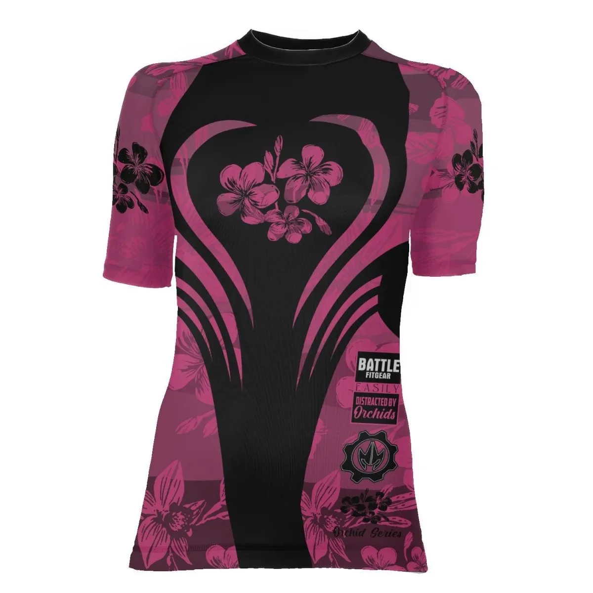 Orchid Series Floral Pink Heart Pattern Women's Short Sleeve Rash Guard