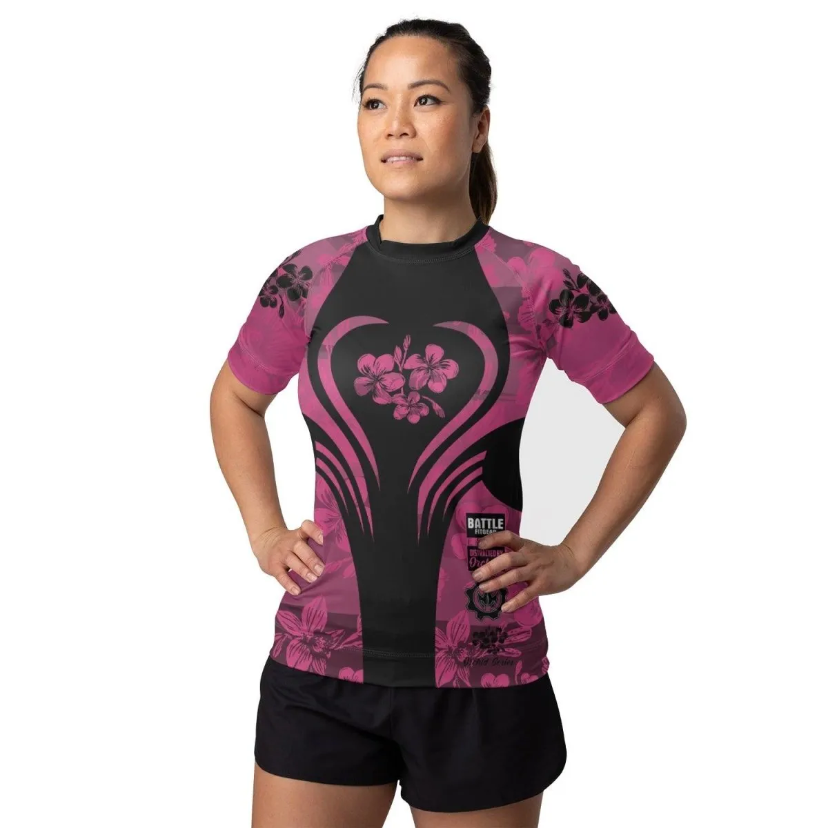 Orchid Series Floral Pink Heart Pattern Women's Short Sleeve Rash Guard