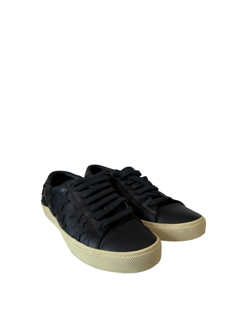 Saint Laurent Black Leather Star Embroidered Sneakers. Size: 38