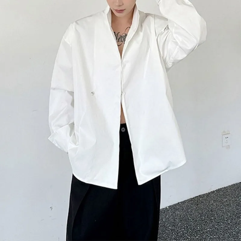 Stand Collar Wide Solid Color Long Sleeve Shirt